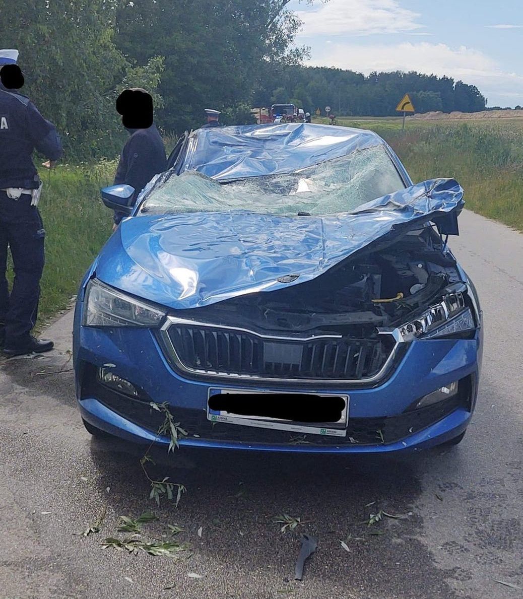 Ogromna masa drzewa zmiażdżyła dach skody. 6-letni chłopczyk trafił do szpitala. Fot: OSP Głowaczów/
