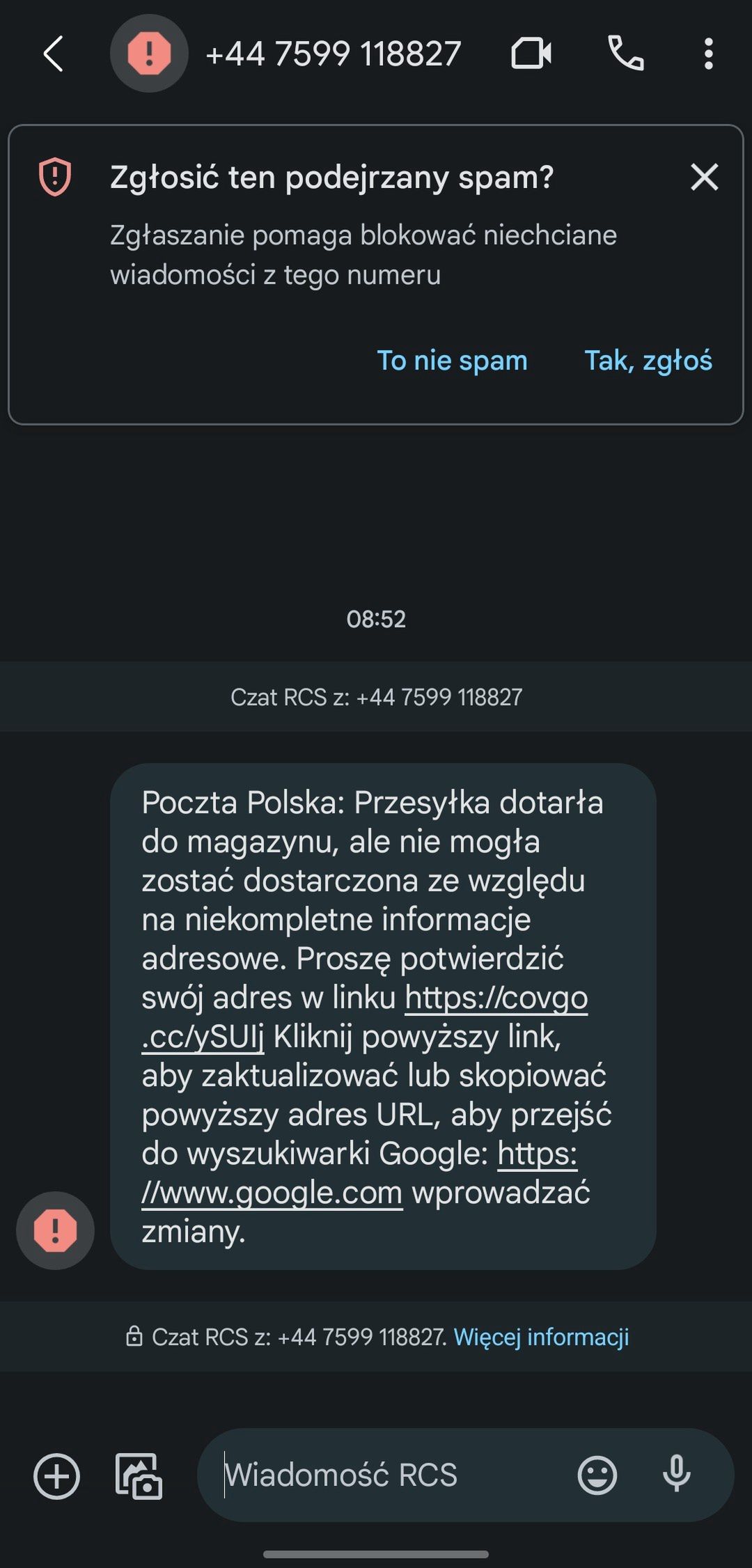 Fałszywy SMS "od Poczty Polskiej"