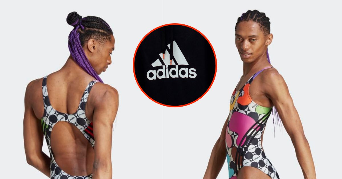Adidas collection for Pride Month. Men's model in women's swimwear ...