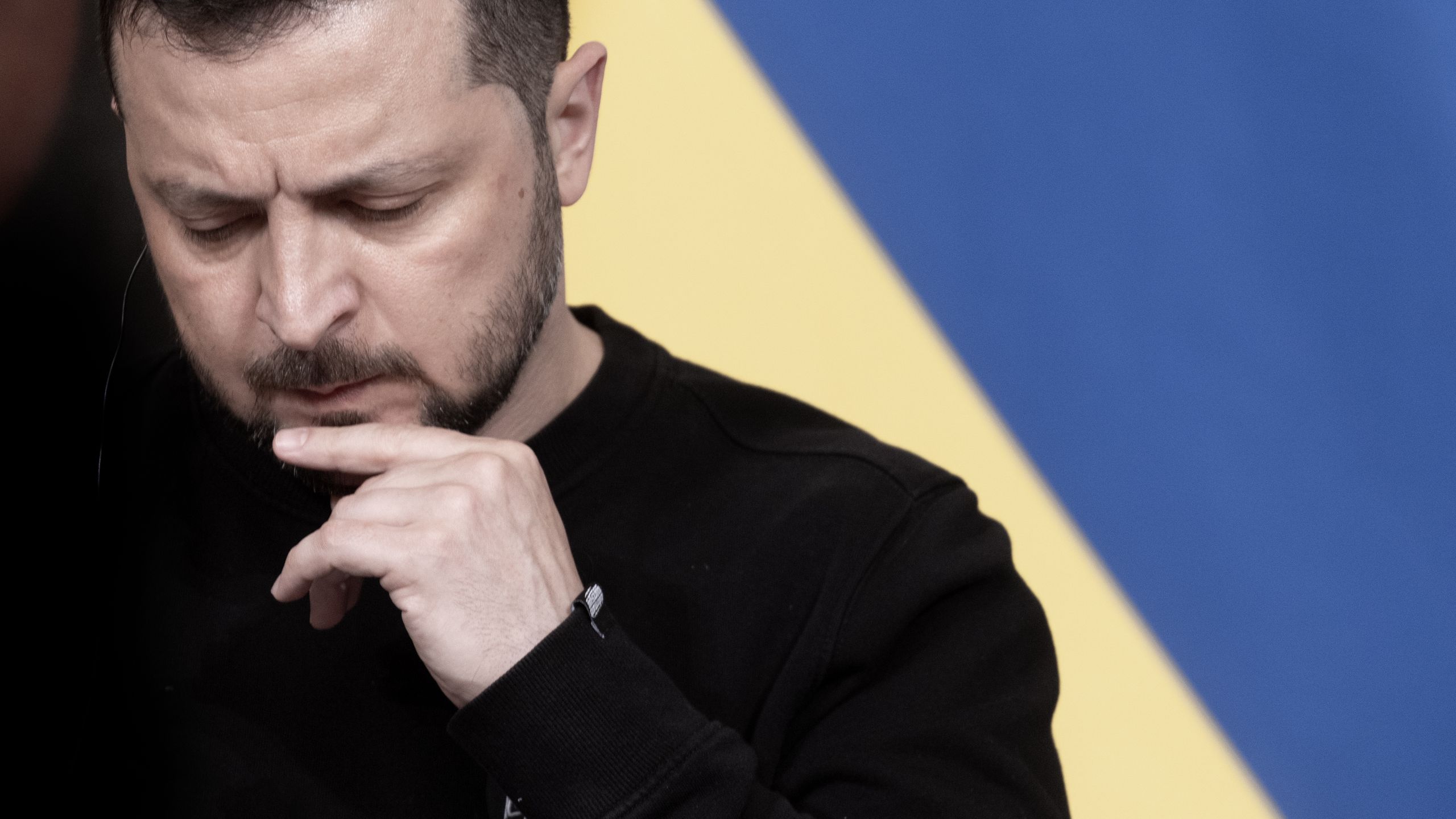 ROME, ITALY - MAY 13: Ukrainian President Volodymyr Zelensky attends a joint press briefing with Italy's Prime Minister Giorgia Meloni, following their meeting at Chigi Palace, on May 13, 2023 in Rome, Italy. The Ukrainian President is in Rome today to meet Pope Francis and President Sergio Mattarella. It is his first visit to Italy, since the conflict in Ukraine. (Photo by Alessandra Benedetti - Corbis/Corbis via Getty Images)