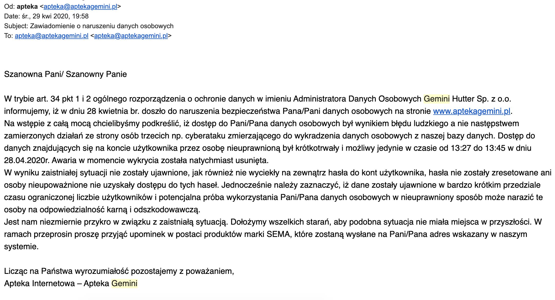 Administratorzy Apteki Gemini informują o naruszeniu danych osobowych, fot. Niebezpiecznik.