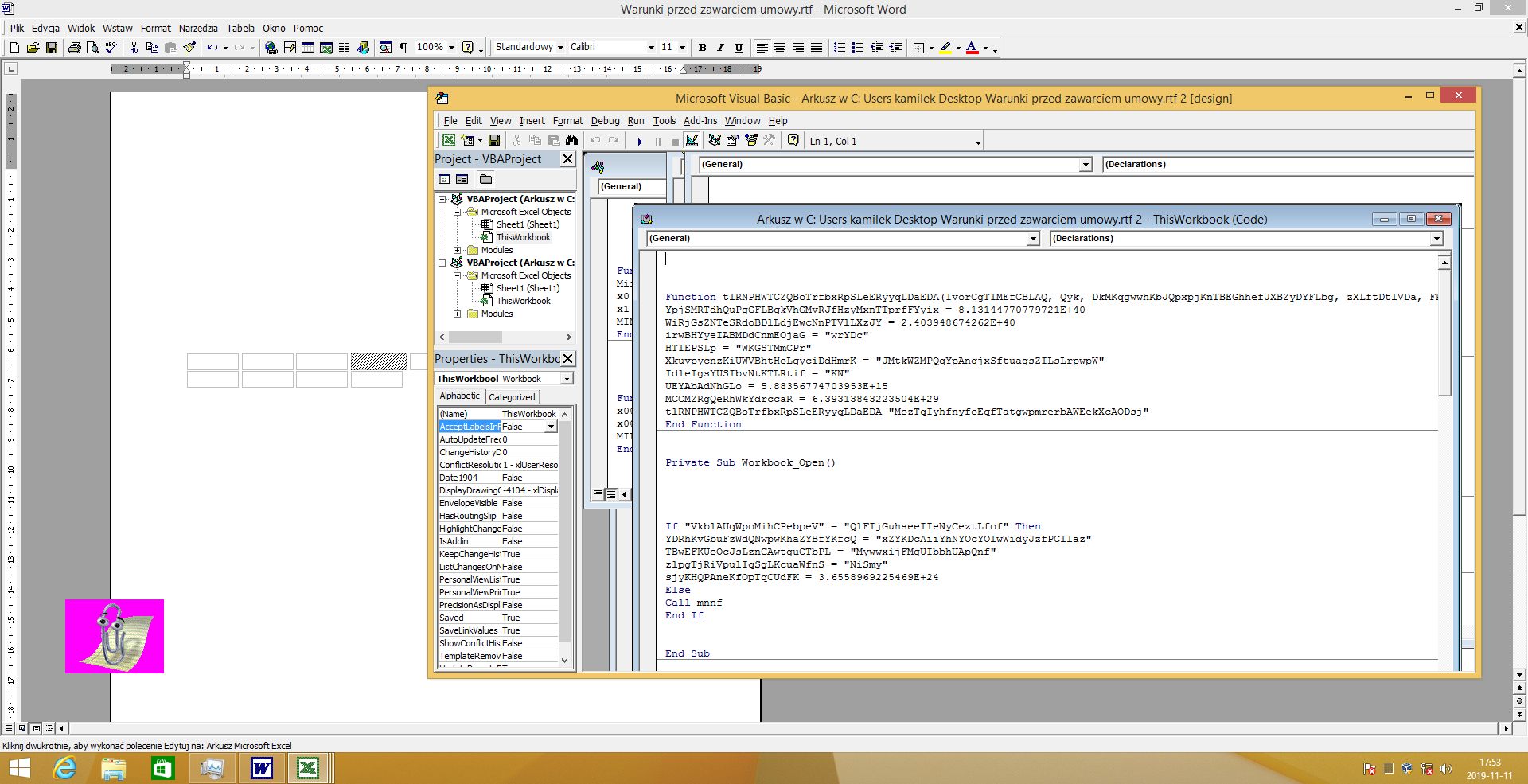Zaciemnione makro VBA w arkuszu Excela w dokumencie RTF (fot. Kamil Dudek)