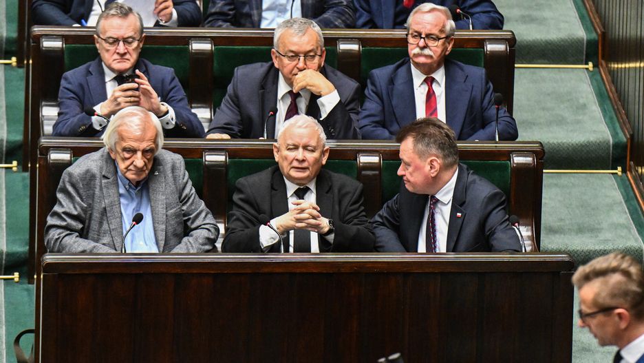 WARSAW, POLAND - APRIL 12: Jaroslaw Kaczynski (front, C), leader of the Law and Justice political party (PiS) takes part in the voting on four draft projects on abortion rights at the Polish Parliament( SEJM) on April 12, 2024 in Warsaw, Poland. The center-right government led by Donald Tusk has proposed ending the country's near-total ban on abortion to allow for the procedure up to the 12th week of pregnancy. Lawmakers are also considering alternative, less far-reaching bills proposed by other parties in the governing coalition, which is divided on the issue of abortion rights. (Photo by Omar Marques/Getty Images)