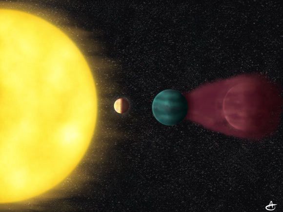 Wizualizacja układu HD 63433 z nowo odkrytą planetą wielkości Ziemi leżącą najbliżej gwiazdy i dwoma mini-Neptunami znajdującymi się na dalszych orbitach. 