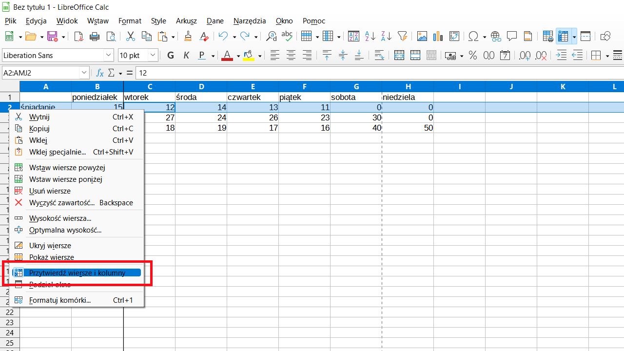 LibreOffice Calc: blokujemy wiersz