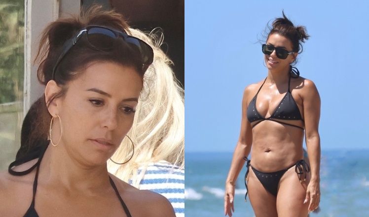 Eva Longoria w skąpym bikini i bez makijażu spaceruje po plaży w Marbelli 