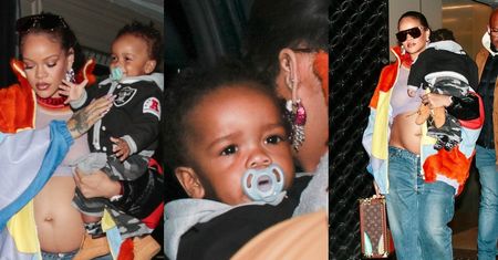Modna mama Rihanna paraduje po Paryżu z odsłoniętym brzuchem i synkiem na rękach (ZDJĘCIA)