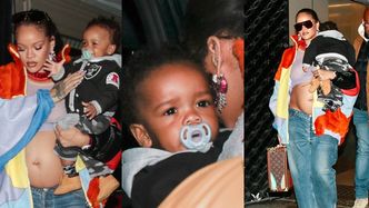 Modna mama Rihanna paraduje po Paryżu z odsłoniętym brzuchem i synkiem na rękach (ZDJĘCIA)