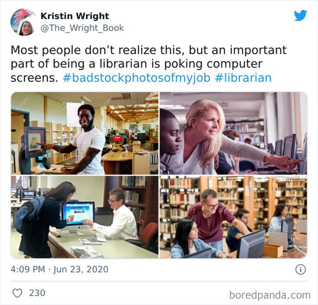 Według fotografów, bibliotekarze mają dziwną tendencję do pokazywania czegoś palcem na ekranie.