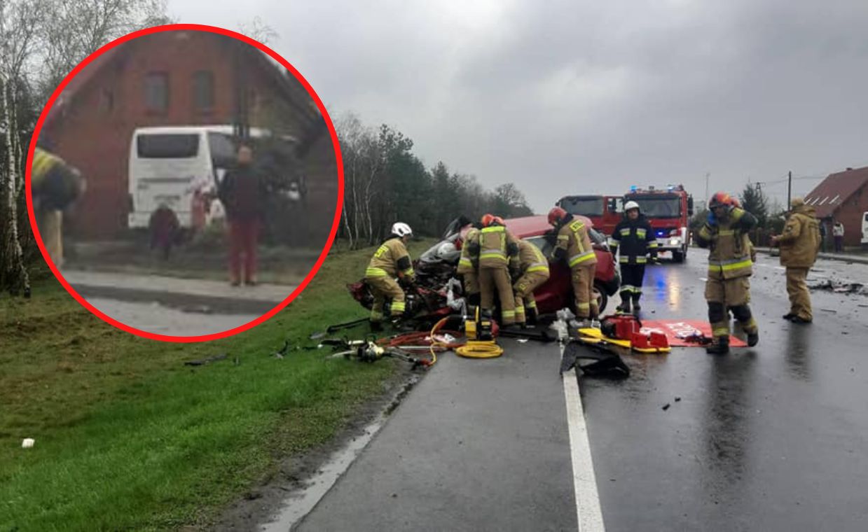 Czołowe zderzenie autobusu i osobówki