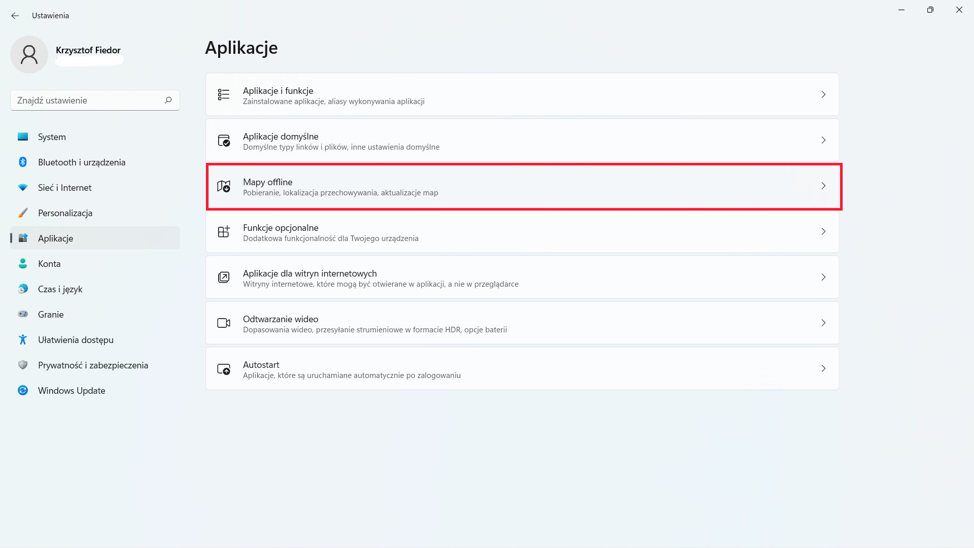 Windows 11: menu Aplikacje - Mapy offline