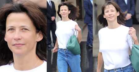 Nieumalowana Sophie Marceau wybiega z paryskiego hotelu
