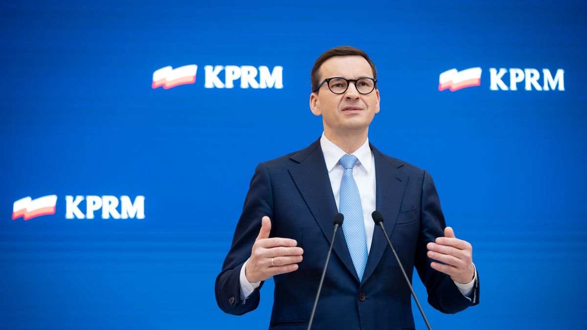 Polish Prime Minister Mateusz Morawiecki during a press conference in Warsaw, Poland, on March 24, 2022 (Photo by Mateusz Wlodarczyk/NurPhoto via Getty Images)