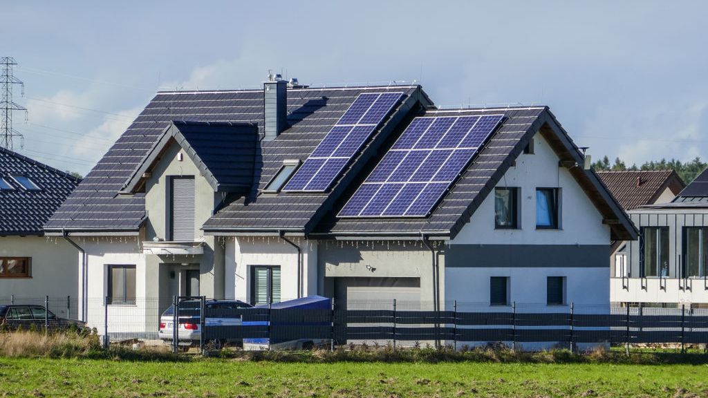 Daily Life In Gdansk, Poland
Solar panels mounted on the roof of the newly build house are seen in Gdansk, Poland on 31 August 2022  (Photo by Michal Fludra/NurPhoto via Getty Images)
NurPhoto
solar panels, roof, building, home, energy, 31 august, photo, cloud, outdoor, property
