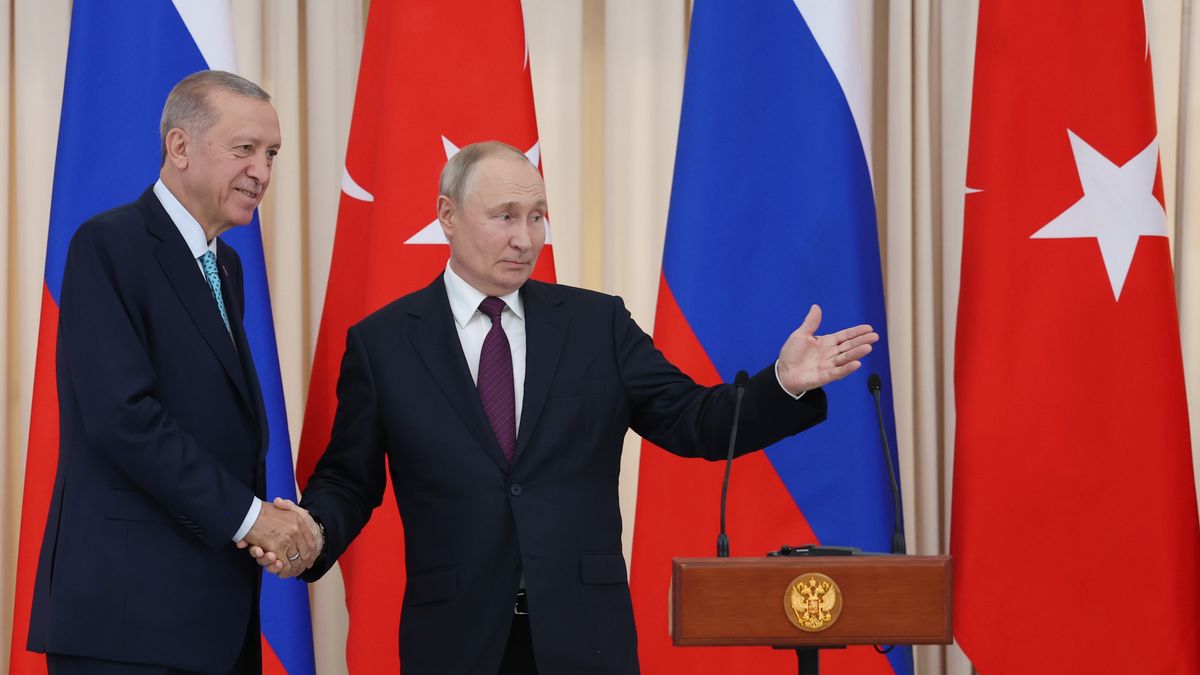 SOCHI, RUSSIA - SEPTEMBER 04: (----EDITORIAL USE ONLY - MANDATORY CREDIT - 'TURKISH PRESIDENCY / MURAT CETINMUHURDAR / HANDOUT' - NO MARKETING NO ADVERTISING CAMPAIGNS - DISTRIBUTED AS A SERVICE TO CLIENTS----) Turkish President Recep Tayyip Erdogan (L), and Russian President Vladimir Putin (R) shake hands as they hold a joint press conference following their meeting in Sochi, Russia on September 04, 2023. (Photo by TUR Presidency/Murat Cetinmuhurdar / Handout /Anadolu Agency via Getty Images)