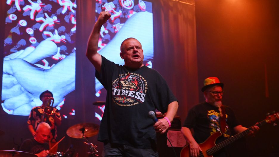 ROSEMONT, ILLINOIS - SEPTEMBER 24: Tomasz Goehs, Kazik Staszewski and Irek "Jeżyk" Wereński of Kult performs at Joe's Live Rosemont on September 24, 2023 in Rosemont, Illinois. (Photo by Daniel Boczarski/Getty Images)