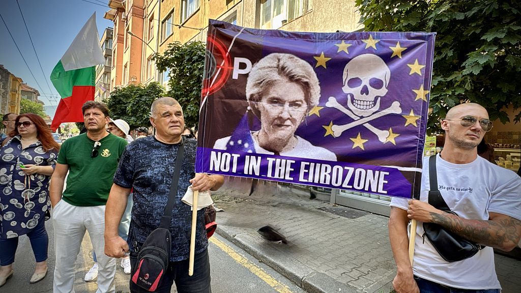 Protests held in Sofia against Bulgaria's transition to the Euro
SOFIA, BULGARIA - JUNE 26: Thousands of demonstrators, led by the populist 'Velicie' (Dignity) Party, which has the smallest group in the 240-member parliament with 10 lawmakers, gather for a protest and demand to maintain national currency after the planned transition to the Euro in Bulgaria's monetary system by Jan. 1, 2026, in front of the European Parliament (EP) Representation, in Sofia, Bulgaria on June 26, 2025.The demonstrators chanted slogans against the European Union (EU), of which Bulgaria has been a member since 2007, and called for the preservation of the national currency, the lev. (Photo by Ihvan Radoykov/Anadolu via Getty Images)
Anadolu
banner, monetary system, transition to the euro, system, slogans, national currency, euro, bulgarian parliament, transition