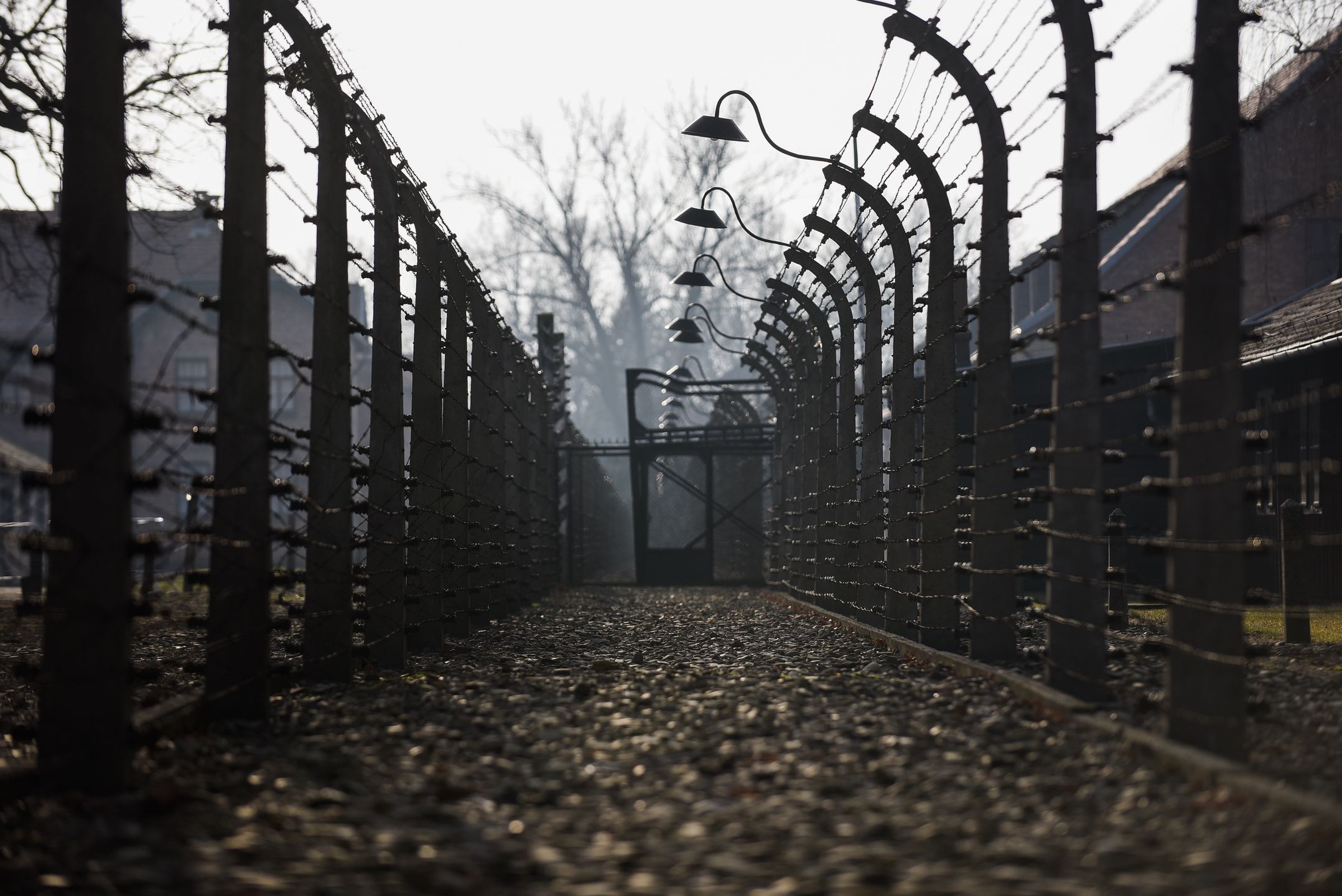 OSWIECIM, POLAND - JANUARY 26: Barbed wire fences are pictured part of the former Nazi German Auschwitz Concentration Camp ahead of the 75th Anniversary of Auschwitz Liberation  in Oswiecim, Poland on January 26, 2020. (Photo by Omar Marques/Anadolu Agency via Getty Images)