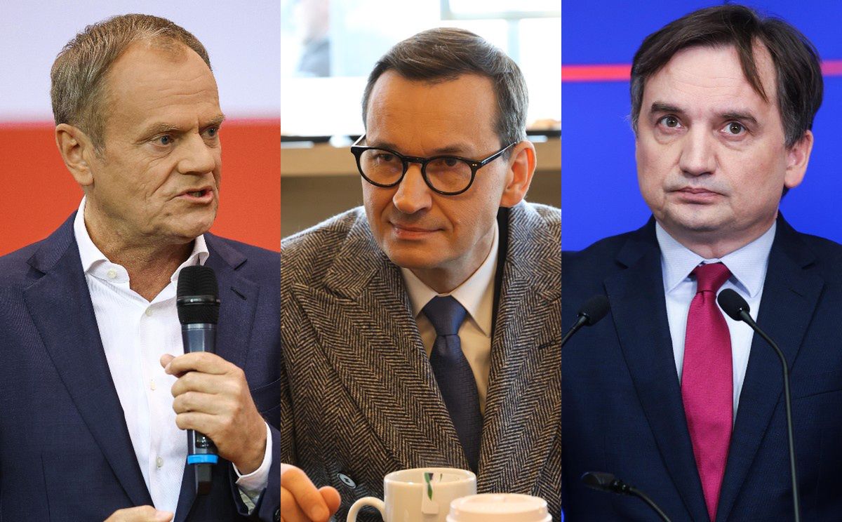 Od lewej Donald Tusk, Mateusz Morawiecki, Zbigniew Ziobro