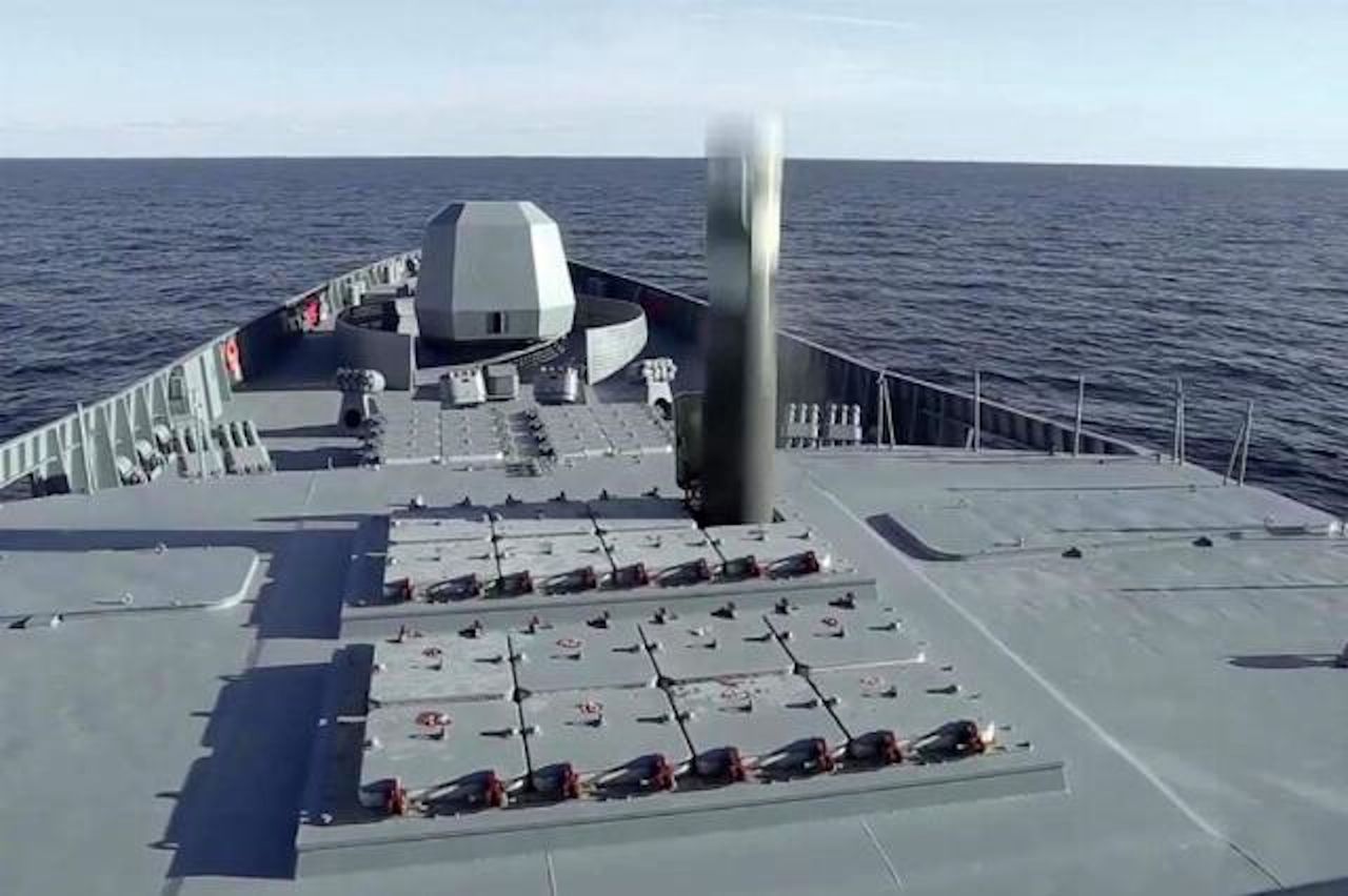 Hatches of the UKSK 3C14 launcher (on board the 22350 project frigate) and the moment of firing the Zircon missile