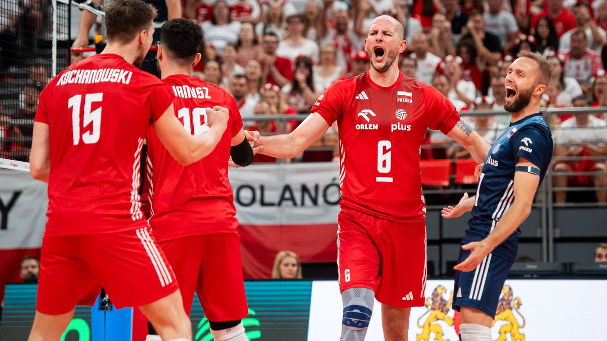 GDANSK, POLAND - JULY 21: Bartosz Kurek of Poland and Pawel Zatorski of Poland celebrates after scoring during the Volleyball International Friendly Tournament match between Poland and USA at the Ergo Arena on July 21, 2024 in Gdansk, Poland. (Photo by Mateusz Slodkowski/Getty Images)
