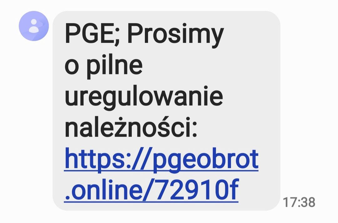 Przykładowy, fałszywy SMS o odłączeniu energii elektrycznej