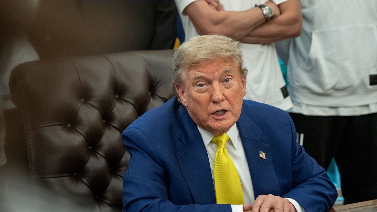 US President Donald Trump during a meeting with members of the Juventus soccer club in the Oval Office of the White House in Washington, DC, US, on Wednesday, June 18, 2025. Juventus will play at the Club World Cup Wednesday night in Washington, DC. Photographer: Ken Cedeno/UPI/Bloomberg via Getty Images