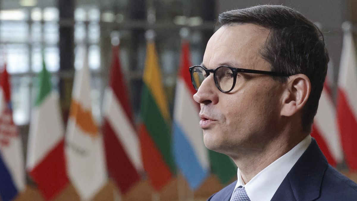 Prime Minister of Poland Mateusz Morawiecki talks to the media at a standup doorstep media press briefing after the end of the 2-day European Council summit. The Polish PM does a statement, talks about the meeting with the EU leaders and heads of states at the headquarters of the European Union and answers questions from journalists. EUCO in Brussels, Belgium on 24 March 2023  (Photo by Nicolas Economou/NurPhoto via Getty Images)
