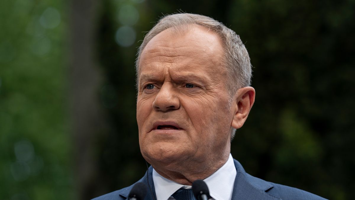 Donald Tusk, Poland's prime minister, during a news conference with Peter Magyar, Hungary's prime minister, in Warsaw, Poland, on Wednesday, May 20, 2026. Magyar starts the three-day trip in Krakow as the face of democratic rebirth in Hungary, following his landslide election victory last month on a pledge to dismantle Viktor Orban, former Hungary prime minister, 's self-styled illiberal state. Photographer: Damian Lemanski/Bloomberg via Getty Images