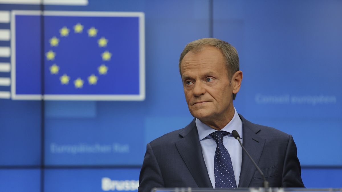 Donald Tusk, president of the European Council in a press conference - media briefing statement about Brexit and article 50 during the European Council, EU leaders summit meeting on October 17, 2019. EU and British negotiators had an agreement on the United Kingdom's departure from the EU earlier in the day in Brussels, Belgium. (Photo by Nicolas Economou/NurPhoto via Getty Images)