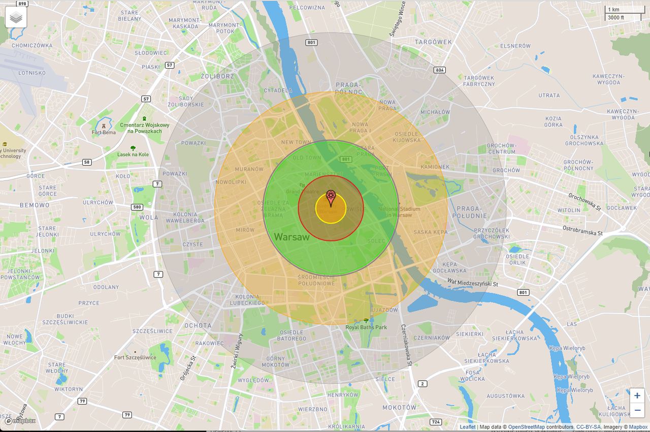 Zasięg zniszczeń w przypadku detonacji głowicy jądrowej o mocy 50 kT w centrum Warszawy 