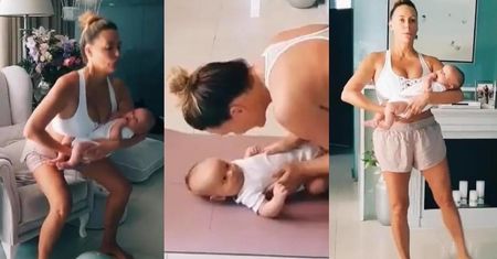Rozciągnięta Małgorzata Rozenek ćwiczy z dwumiesięcznym synkiem na rękach: "Henryś poczuł sportowy zew" (WIDEO)
