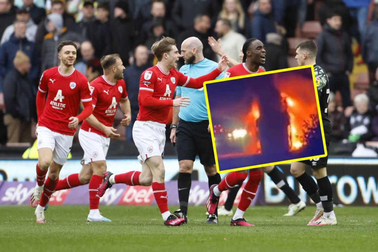 In the photo: The Barnsley team and their team bus in flames.