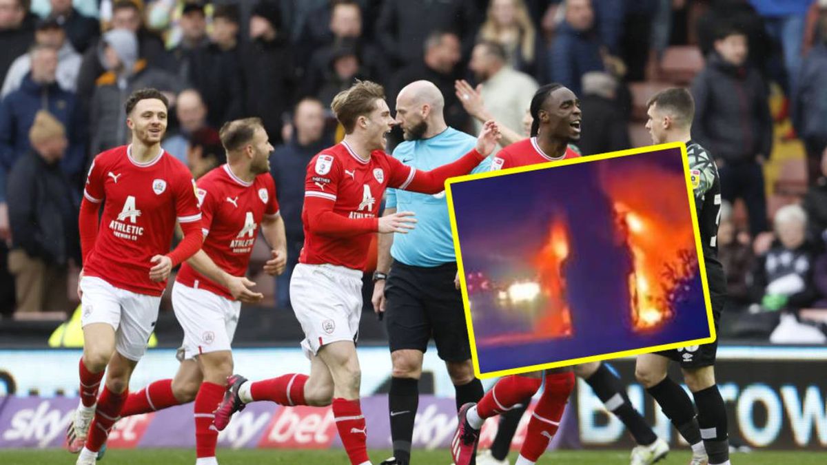 Na zdjęciu: Drużyna Barnsley i ich autokar w płomieniach