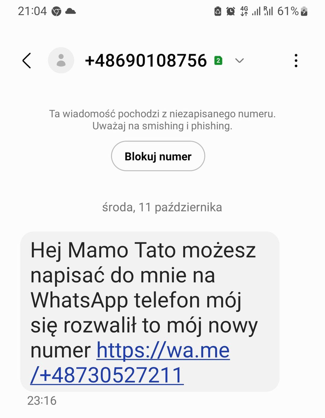 Fałszywy SMS o nowym numerze