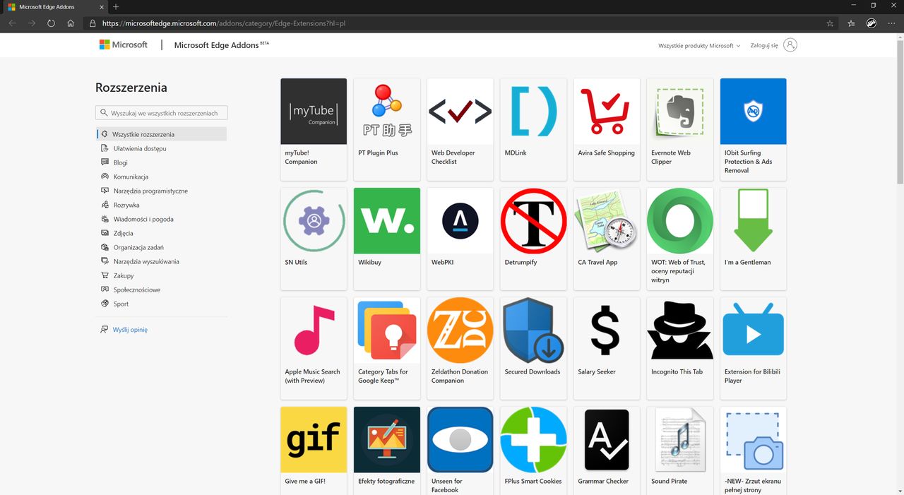 W sklepie Microsoftu z dodatkami do Edge'a jest już ponad 1200 rozszerzeń.