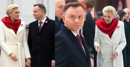 Agata Duda w narodowych barwach i skupiony Andrzej modlą się w Świątyni Opatrzności Bożej (ZDJĘCIA)