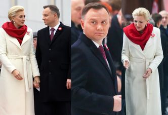 Agata Duda w narodowych barwach i skupiony Andrzej modlą się w Świątyni Opatrzności Bożej (ZDJĘCIA)