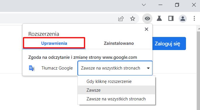 Zakładka z uprawnieniami dodatków