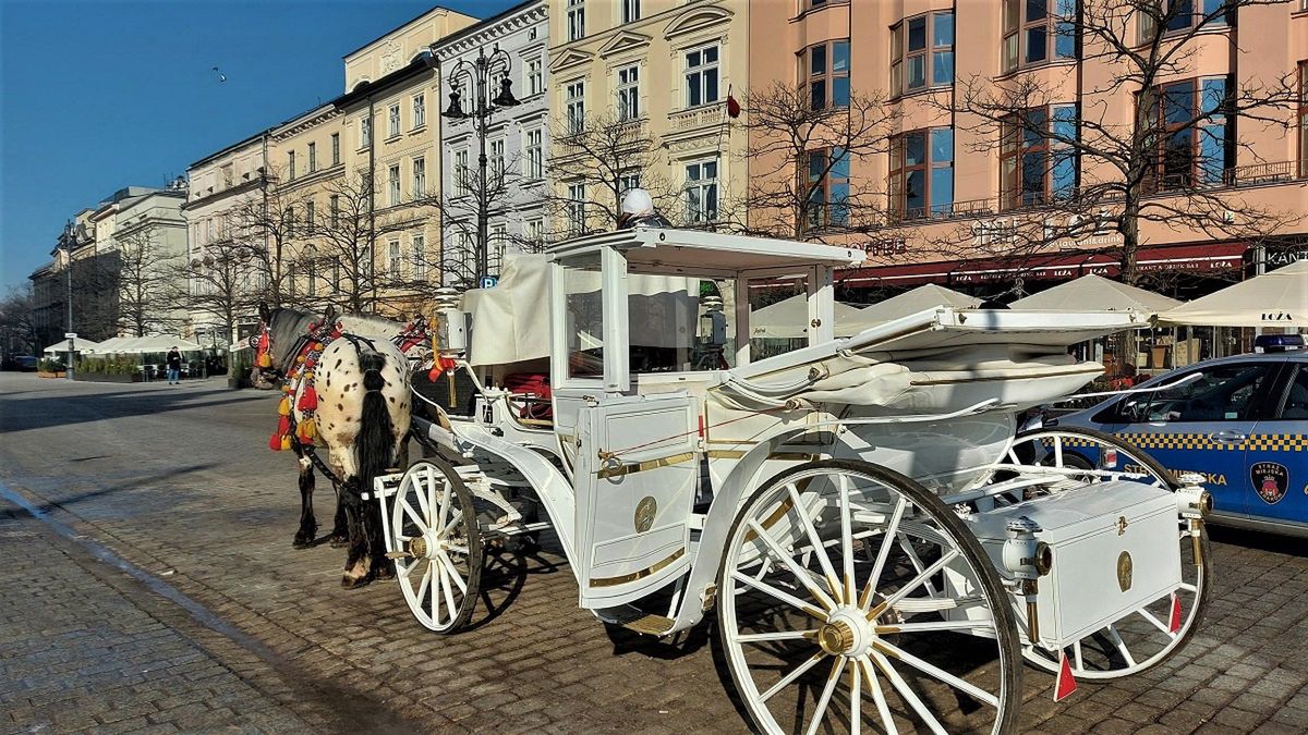 Zimą także można przejechać się dorożką po Krakowie. 