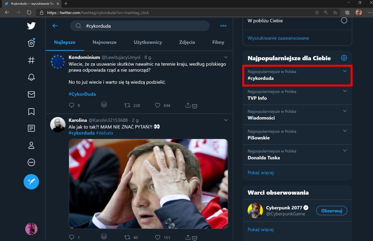 hasło #cykorduda hitem Twittera, fot. Jakub Krawczyński