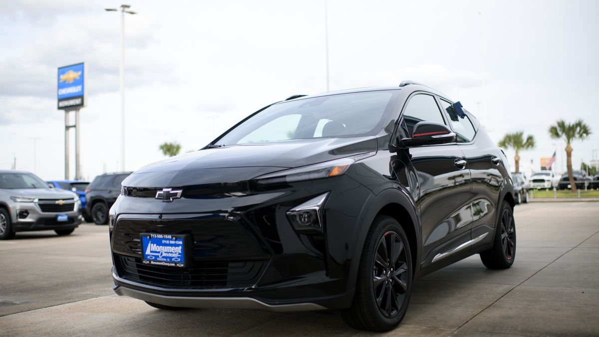 A 2023 Chevrolet Bolt electric vehicle (EV) at a dealership in Pasadena, Texas, US, on Monday, Nov. 6, 2023. Partisan politics appear to be shaping consumers' adoption of electric vehicles, as sales lag in Republican strongholds where gas prices are cheaper. Photographer: Mark Felix/Bloomberg via Getty Images