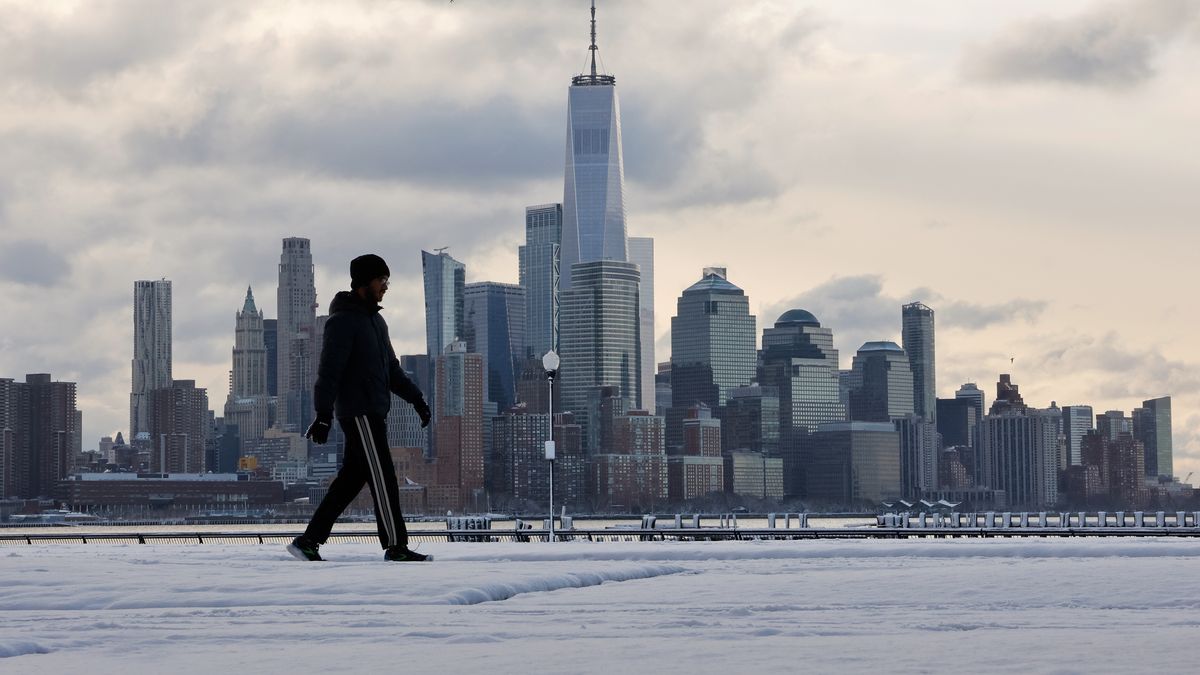HOBOKEN, NJ - DECEMBER 21: A person walks through a park in front of the skyline of lower Manhattan and One World Trade Center in New York City after an overnight snowfall on December 21, 2024, in Hoboken, New Jersey.  (Photo by Gary Hershorn/Getty Images)