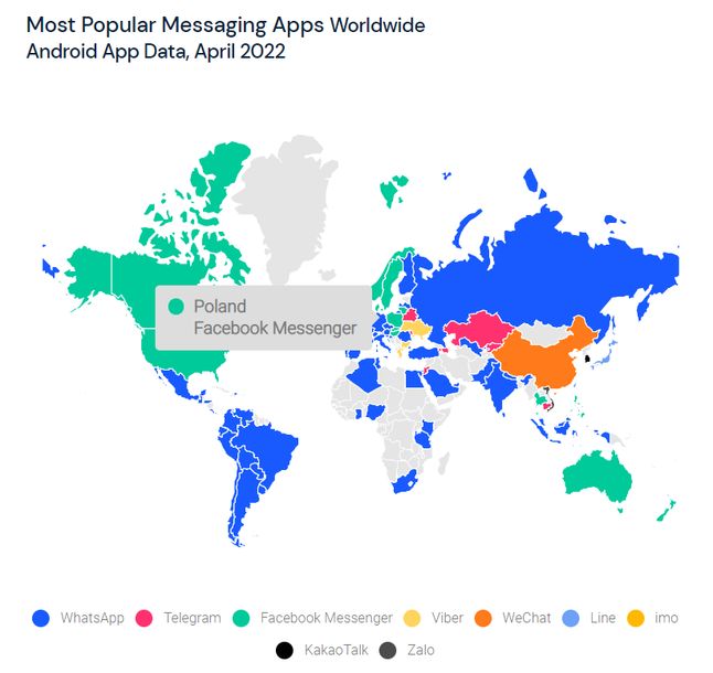 Najpopularniejsze komunikatory internetowe w 90 krajach na świecie, dane z kwietnia 2022 roku