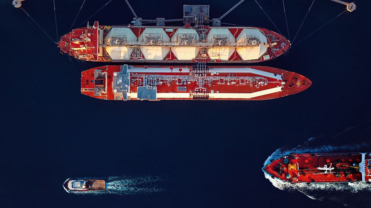 Aerial view of LNG and Oil tankers
Directly above view of fuel tankers in the harbour.
Felix Cesare
