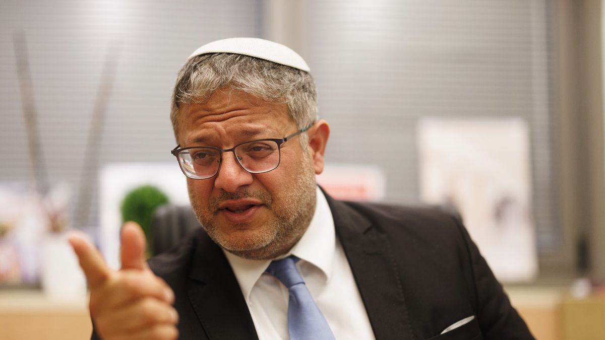 Itamar Ben Gvir, Israel's national security minister, during an interview in his office at the Knesset in Jerusalem, Israel, on Monday, July 22, 2024. The Israeli far-right cabinet member took the unusual step of endorsing Donald Trump as the next US president, saying a return of the ex-leader would bolster the chances of victory against Iran's allied militant groups and the Islamic Republic itself. Photographer: Kobi Wolf/Bloomberg via Getty Images
