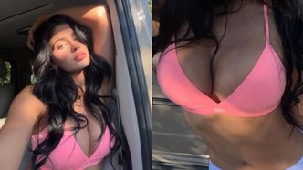 Zalotna Kylie Jenner pręży silikonowe implanty w różowym staniku za 240 złotych. Prawdziwa sexy mama?