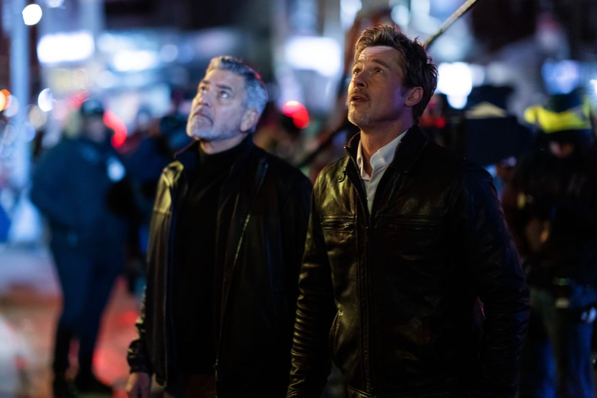 George Clooney i Brad Pitt na planie filmu "Wolves" w dzielnicy Chinatown w Nowym Jorku