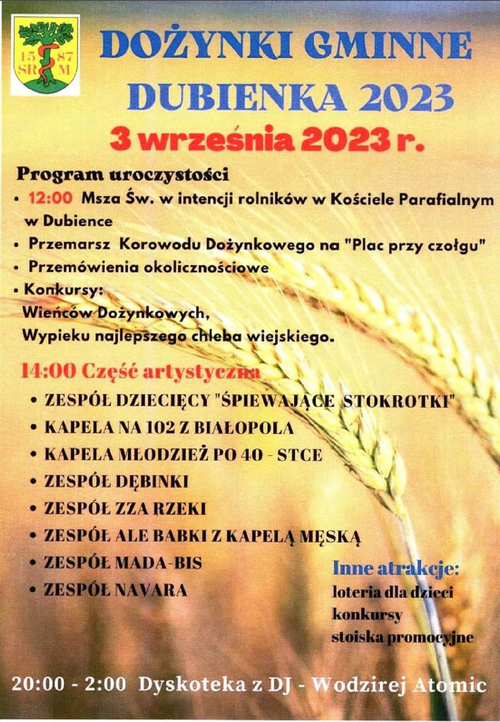 Dożynki w Dubience 2023 - plakat, program wydarzenia