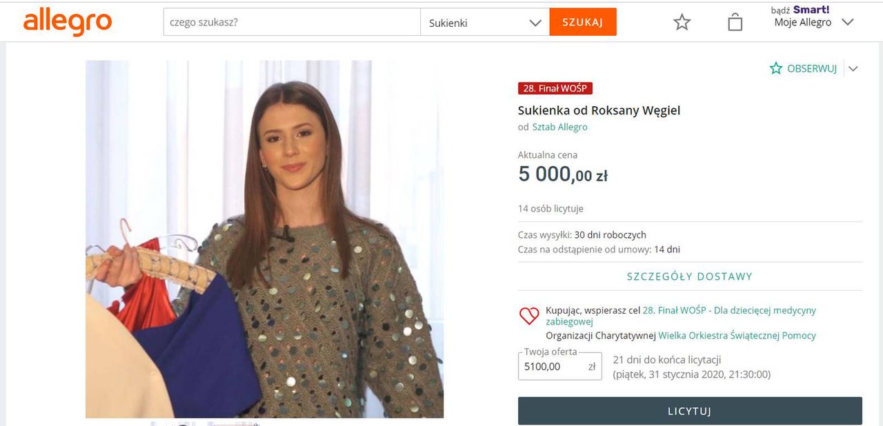 Roksana Węgiel - aktualna cena sukienki, WOŚP 2020